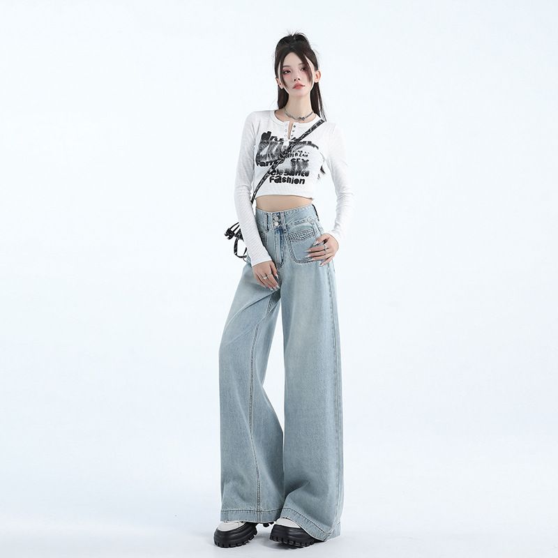 High Waisted Wide Leg Jeans Women Denim Trousers with Tummy Control & Butt-Lifting blue color