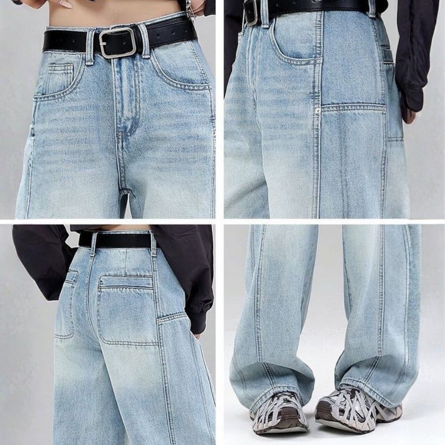 High waist curved hem straight wide leg jeans women y2k baggy denim trousers, details view