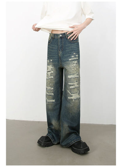 Hip Hop Baggy Jeans for Men Ripped Wide Leg Loose Fit Denim Pants Streetwear