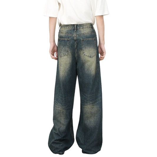 Hip Hop Baggy Jeans for Men Ripped Wide Leg Loose Fit Denim Pants Streetwear