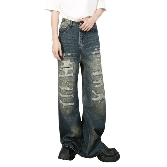 Hip Hop Baggy Jeans for Men Ripped Wide Leg Loose Fit Denim Pants Streetwear