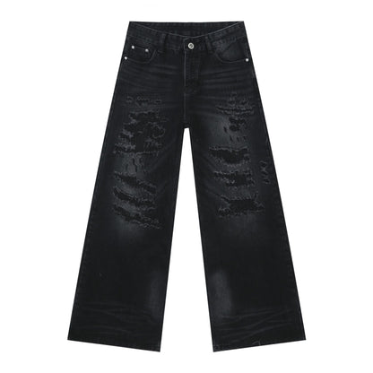 Hip Hop Baggy Jeans for Men Ripped Wide Leg Loose Fit Denim Pants Streetwear