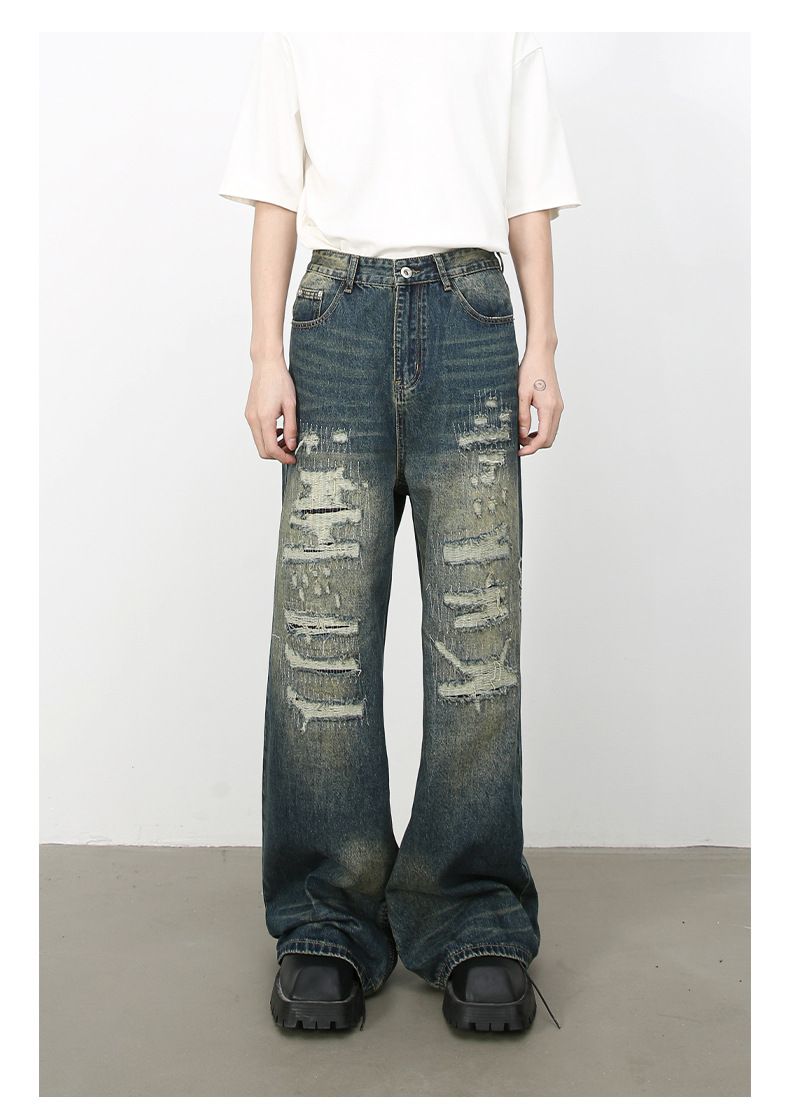 Hip Hop Baggy Jeans for Men Ripped Wide Leg Loose Fit Denim Pants Streetwear