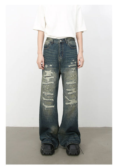 Hip Hop Baggy Jeans for Men Ripped Wide Leg Loose Fit Denim Pants Streetwear