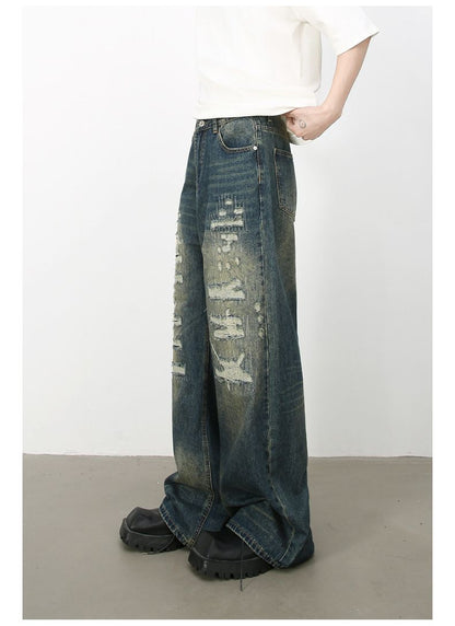Hip Hop Baggy Jeans for Men Ripped Wide Leg Loose Fit Denim Pants Streetwear