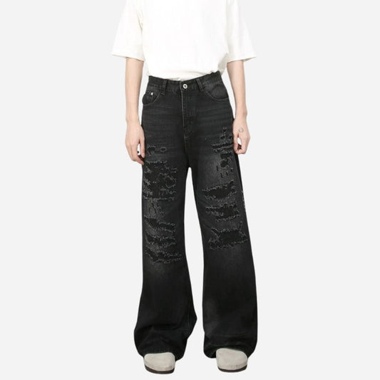 Hip hop baggy jeans for men ripped wide leg loose fit denim pants streetwear in black, front view