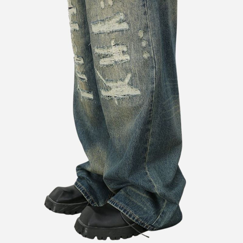 Hip hop baggy jeans for men ripped wide leg loose fit denim pants streetwear in blue, hem details