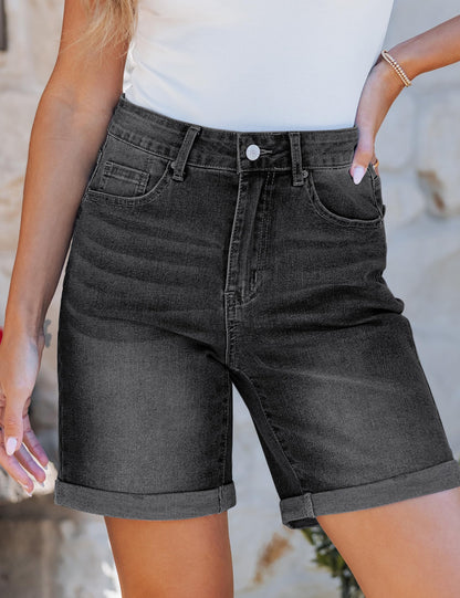 Jean Shorts Women High Waisted Summer Fold Hem Stretchy Denim Shorts