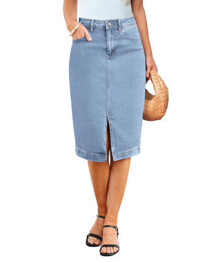 Jean Skirts Women Midi Denim Skirt High Waisted Pencil Skirt with Slit