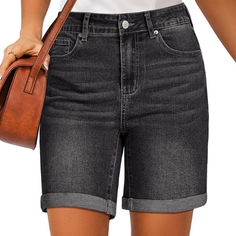 Women high waisted summer fold hem stretchy denim shorts in black
