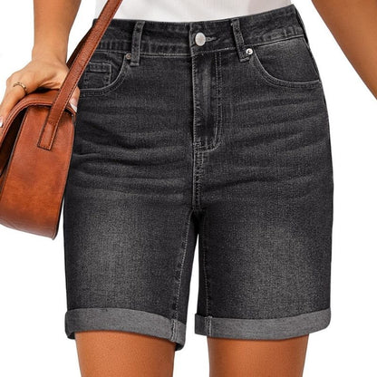 Women high waisted summer fold hem stretchy denim shorts in black