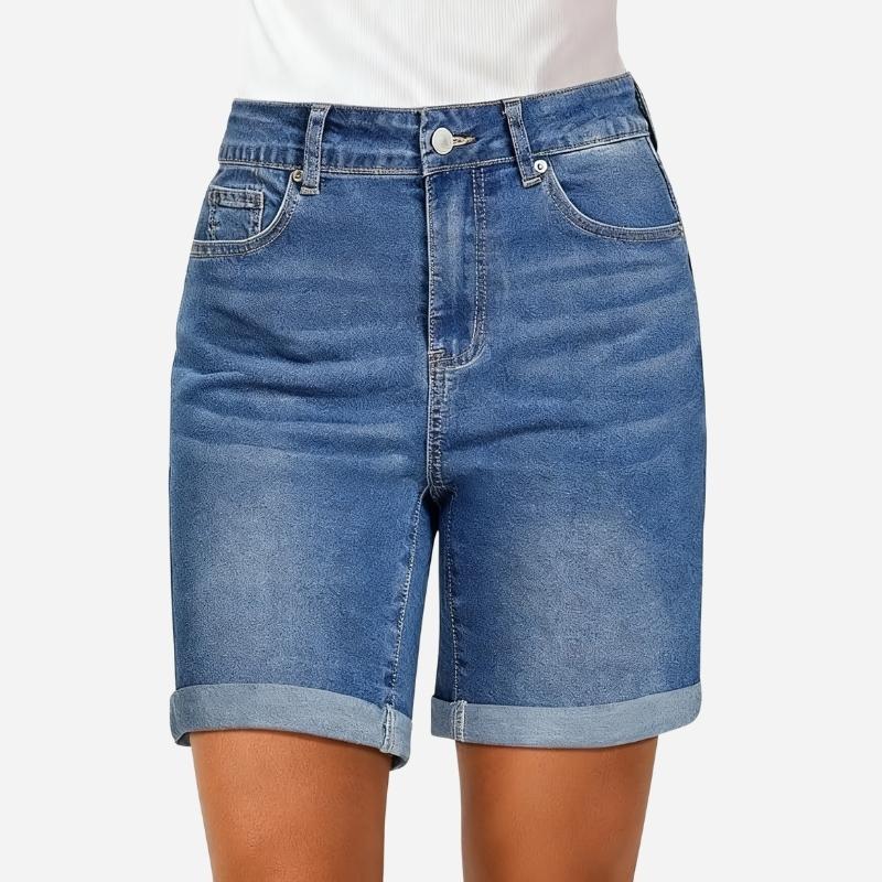 Jean Shorts Women High Waisted Summer Fold Hem Stretchy Denim Shorts blue color