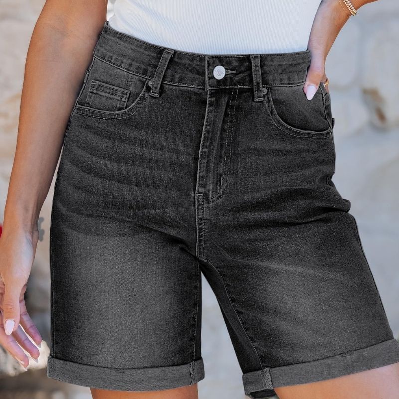 Women high waisted summer fold hem denim shorts in black, front view