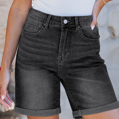 Women high waisted summer fold hem denim shorts in black, front view