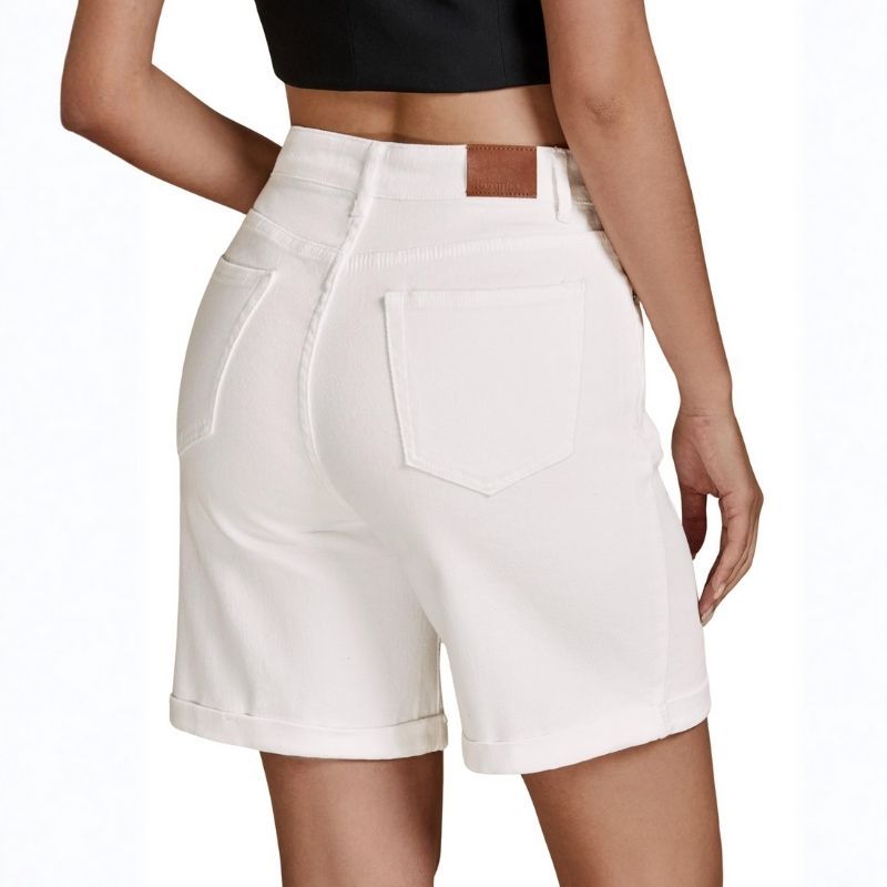 Women high waisted summer fold hem denim shorts in white, back view
