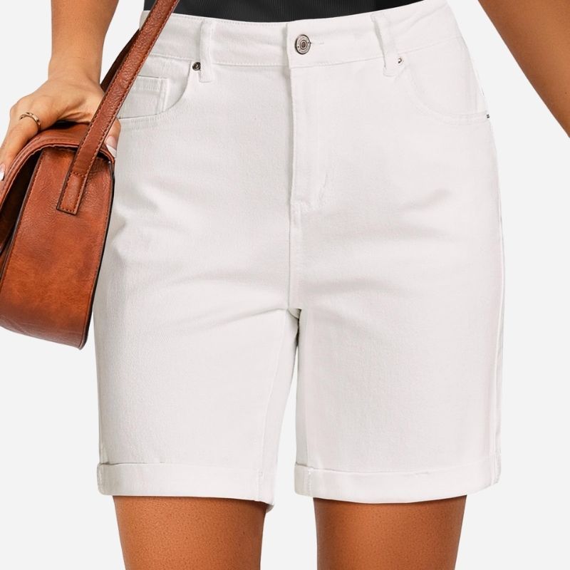 Women high waisted summer fold hem denim shorts in white, front view