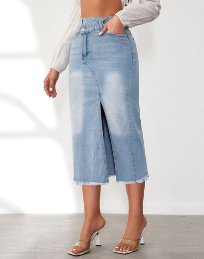 ジーンズスカート レディース ミディ丈 デニムスカート ハイウエスト スリット入り ペンシルスカート