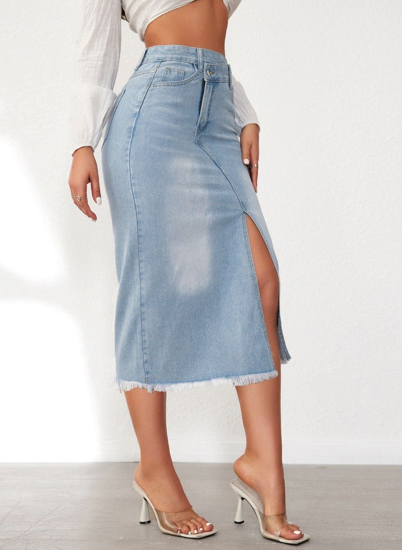 ジーンズスカート レディース ミディ丈 デニムスカート ハイウエスト スリット入り ペンシルスカート