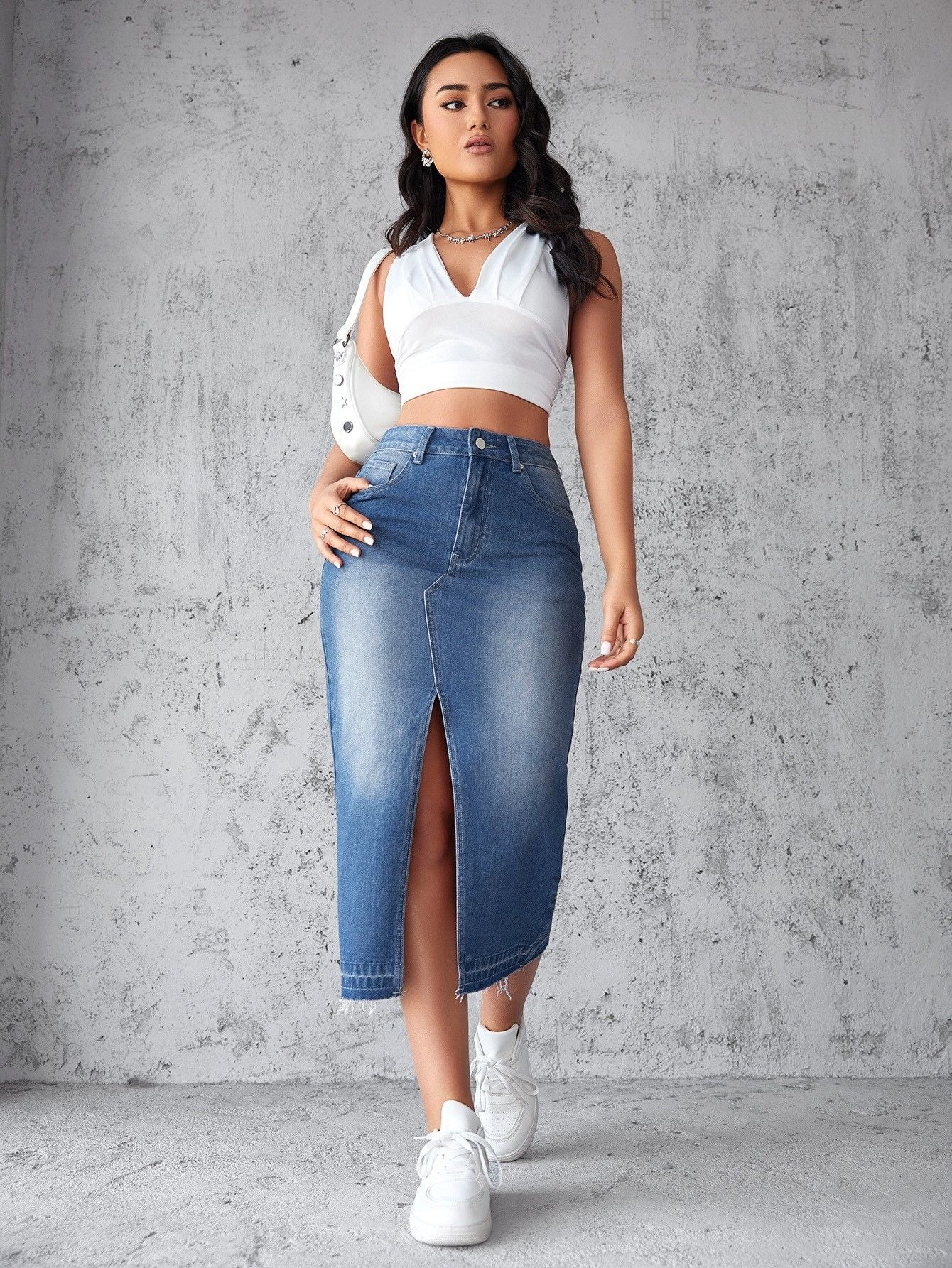 ジーンズスカート レディース ミディ丈 デニムスカート ハイウエスト スリット入り ペンシルスカート