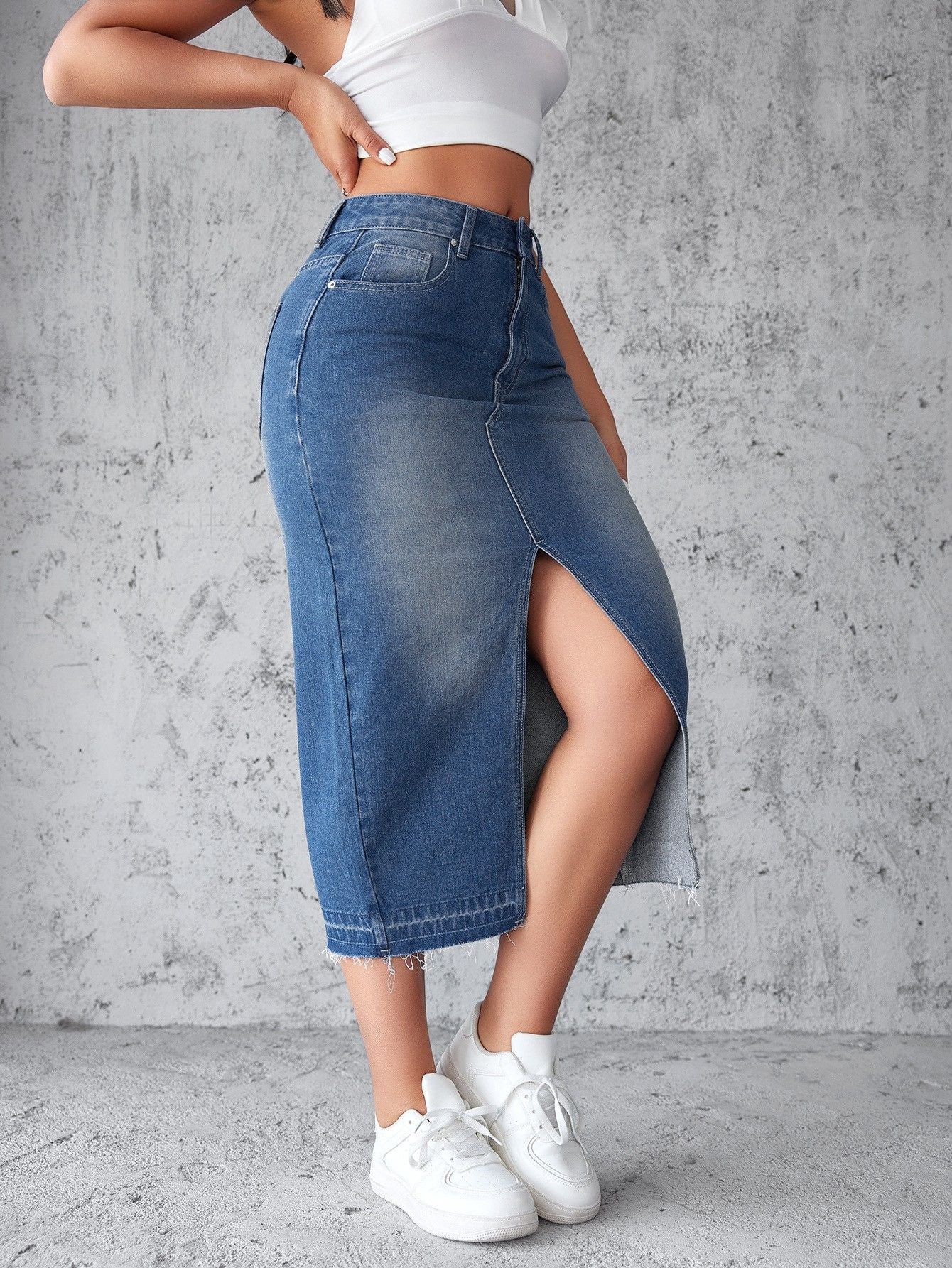 Jean Skirts Women Midi Denim Skirt High Waisted Pencil Skirt with Front Slit navy color