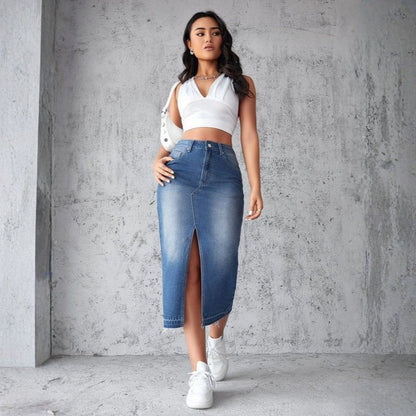 Jean skirts women midi denim high waisted pencil skirt with front slit in navy, front view