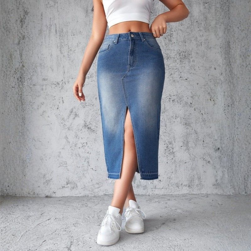 women midi denim high waisted pencil skirt with front slit in navy, front view