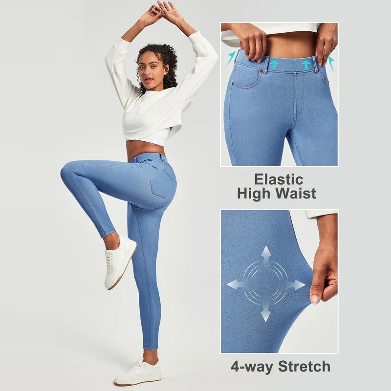 Tummy control stretchy jeans women high waisted pull on denim leggings sweatpants in blue, details view