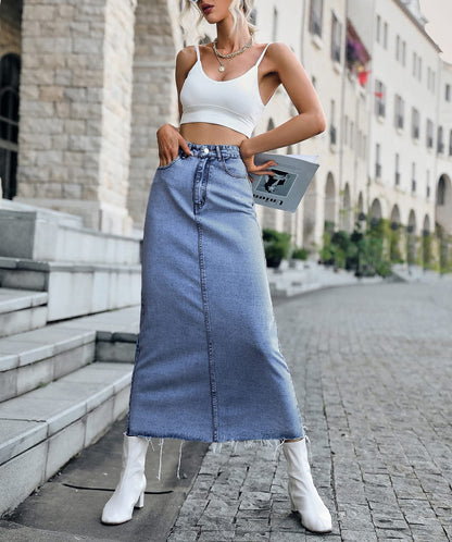 Long Denim Skirts for Women Maxi High Waist A-line Flare Jean Skirt
