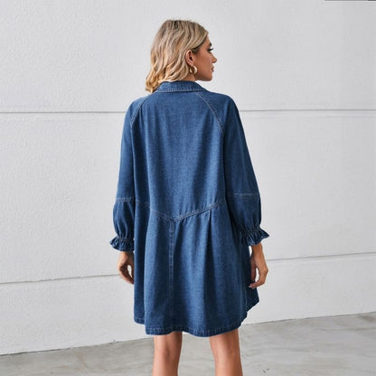 Long sleeve denim shirt dress button down mini a-line tunic in navy, back view
