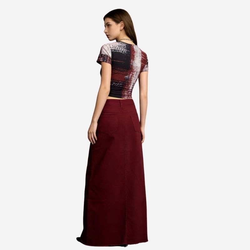long denim skirts for women maxi high waist a-line flare jean skirt, back view