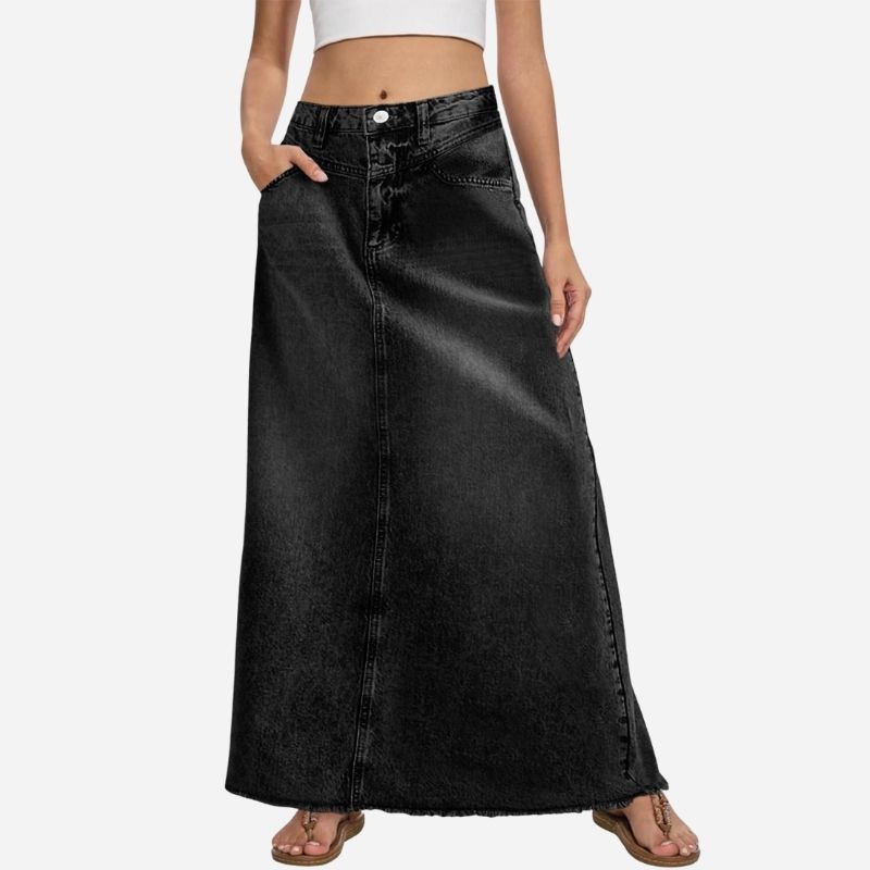Long Denim Skirts for Women Maxi High Waist A-line Flare Jean Skirt black color
