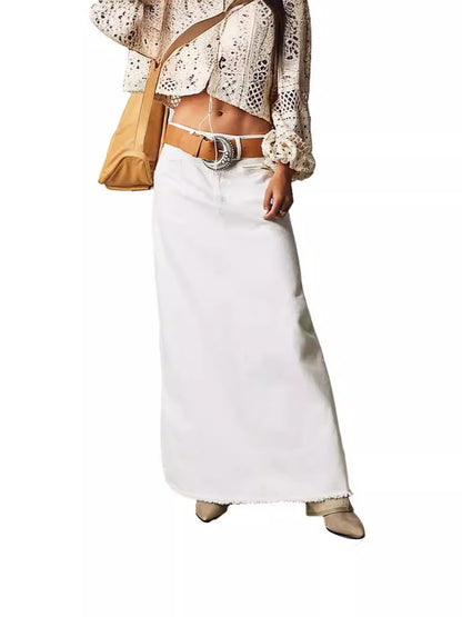 Long Denim Skirts for Women Maxi High Waist A-line Flare Jean Skirt white color