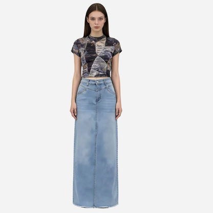 long denim skirts for women jean skirt in blue, front view