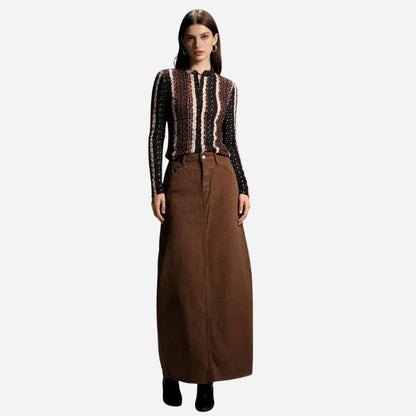 long denim skirts for women jean skirt in brown, front view