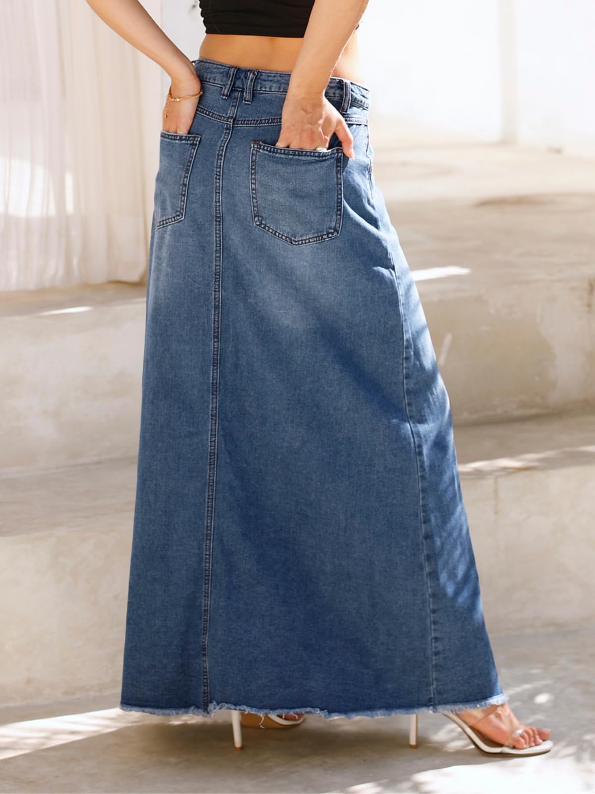 Long Denim Skirts for Women Maxi High Waist A-line Flare Jean Skirt blue color with back view
