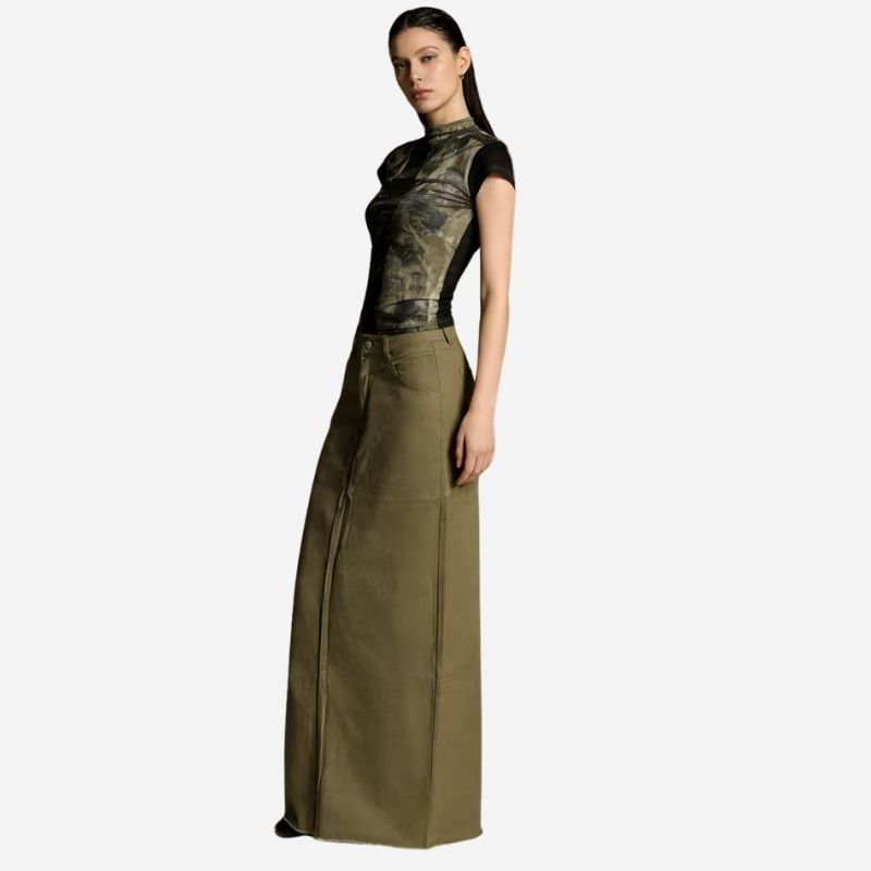 long denim skirts for women jean skirt in army green, side view
