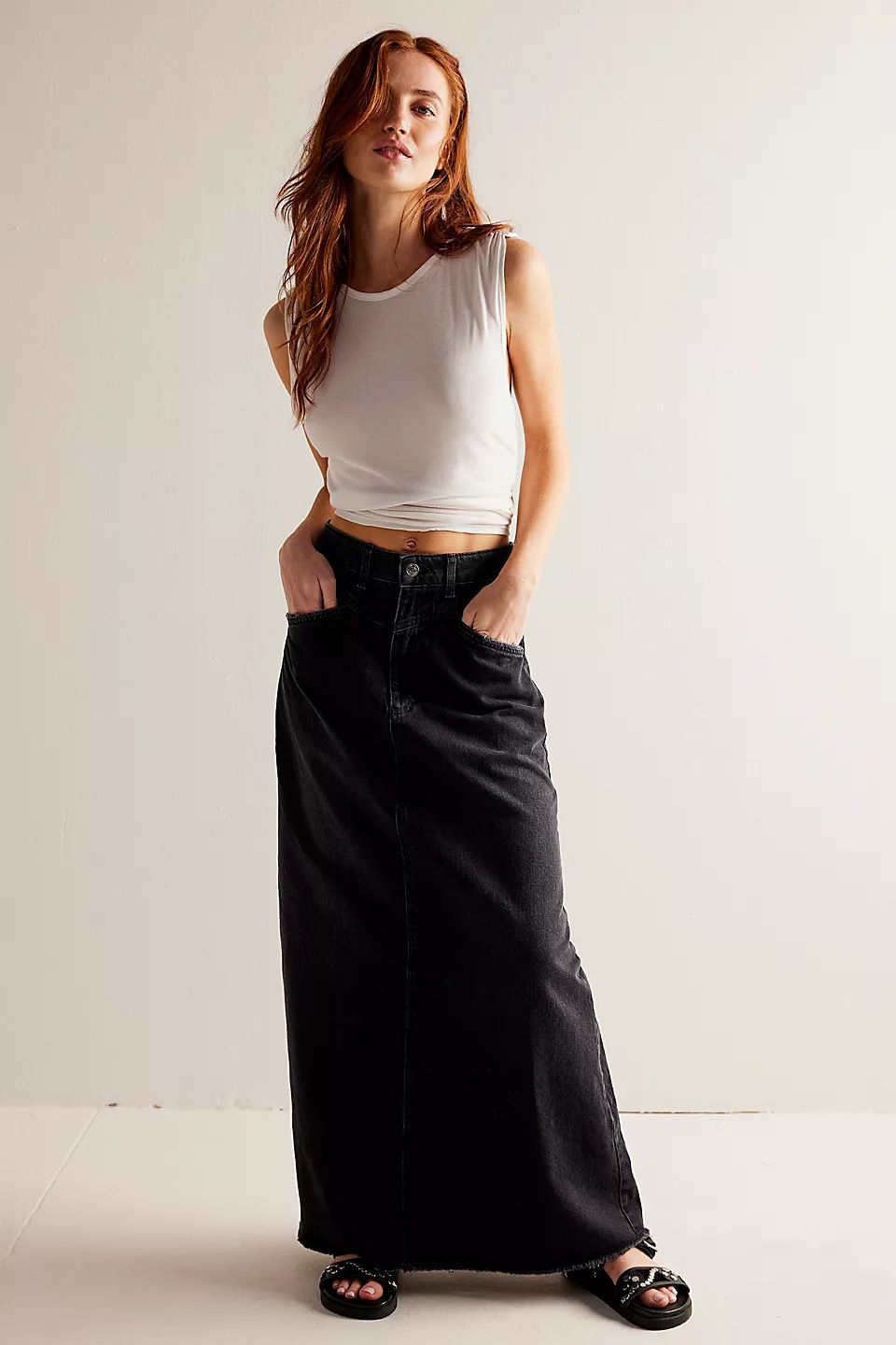 Long Denim Skirts for Women Maxi High Waist A-line Flare Jean Skirt black color