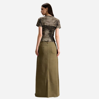 long denim skirts for women jean skirt in army green, back view