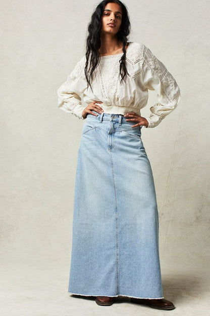 Long Denim Skirts for Women Maxi High Waist A-line Flare Jean Skirt blue color