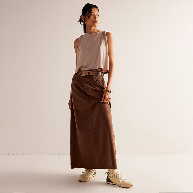 Long Denim Skirts for Women Maxi High Waist A-line Flare Jean Skirt brown color