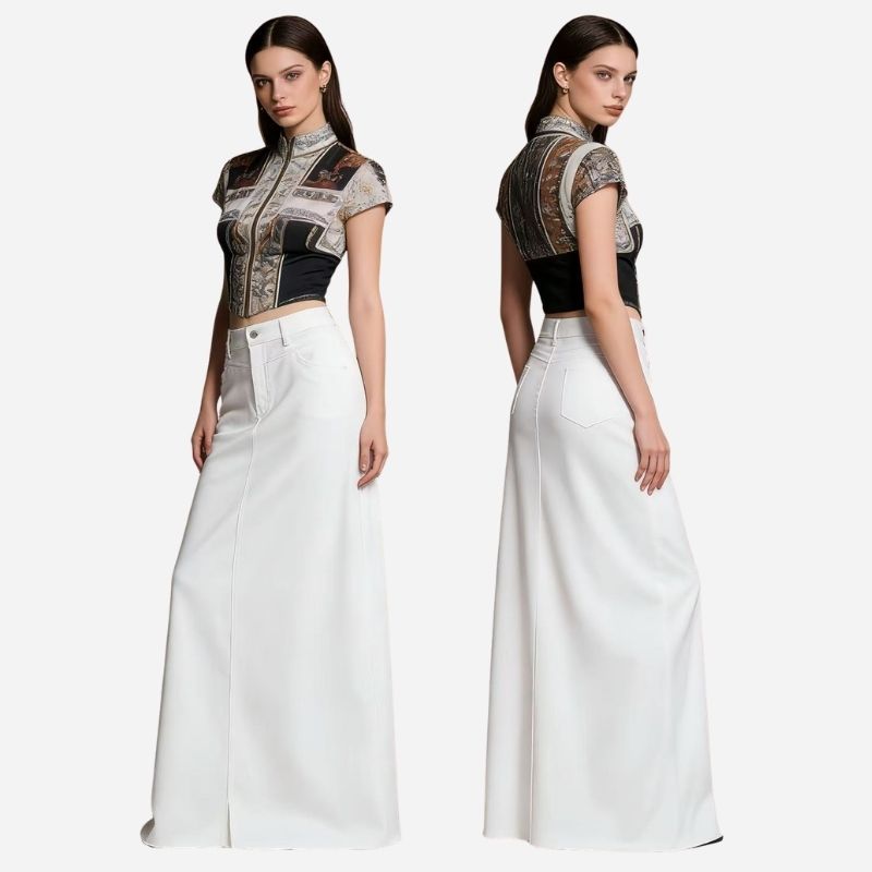 long denim skirts for women jean skirt in white, front and back views