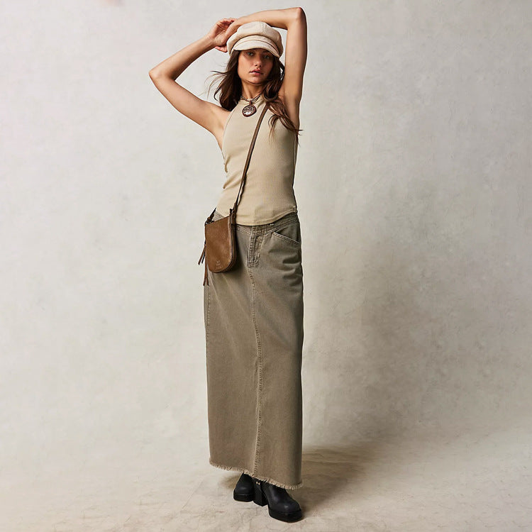 Long Denim Skirts for Women Maxi High Waist A-line Flare Jean Skirt army green color