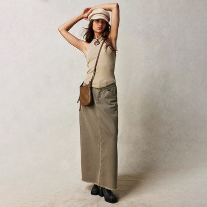 Long Denim Skirts for Women Maxi High Waist A-line Flare Jean Skirt army green color