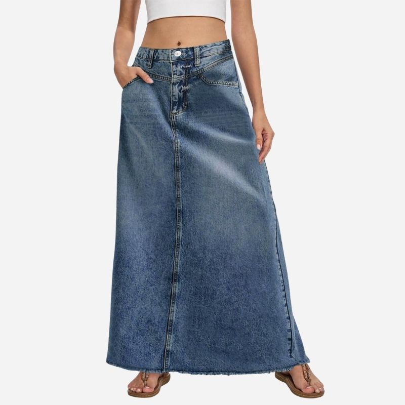 Long Denim Skirts for Women Maxi High Waist A-line Flare Jean Skirt