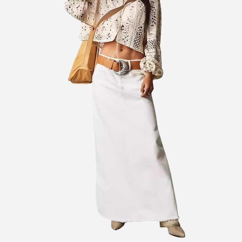 Long denim skirts for women maxi high waist a-line flare jean skirt in white, front view
