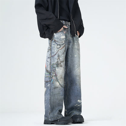 Men’s 3D Graffiti Keychain Print Jeans Y2K Streetwear Baggy Straight Leg Denim