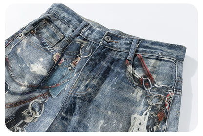 Men’s 3D Graffiti Keychain Print Jeans Y2K Streetwear Baggy Straight Leg Denim