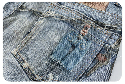 Men’s 3D Graffiti Keychain Print Jeans Y2K Streetwear Baggy Straight Leg Denim