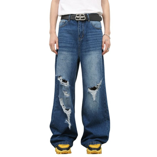Men's Baggy Jeans Loose Fit Ripped Distressed Straight Leg Denim Pants