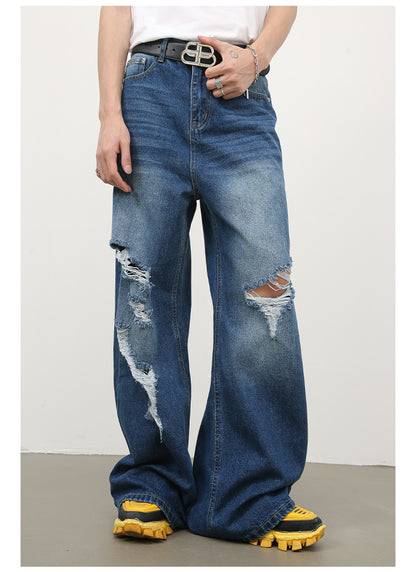Men's Baggy Jeans Loose Fit Ripped Distressed Straight Leg Denim Pants